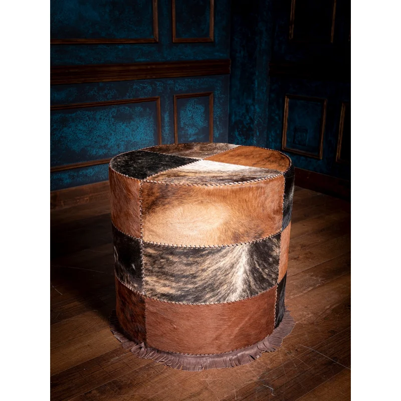 Western Cowhide Patchwork Round Accent Table with Fringe