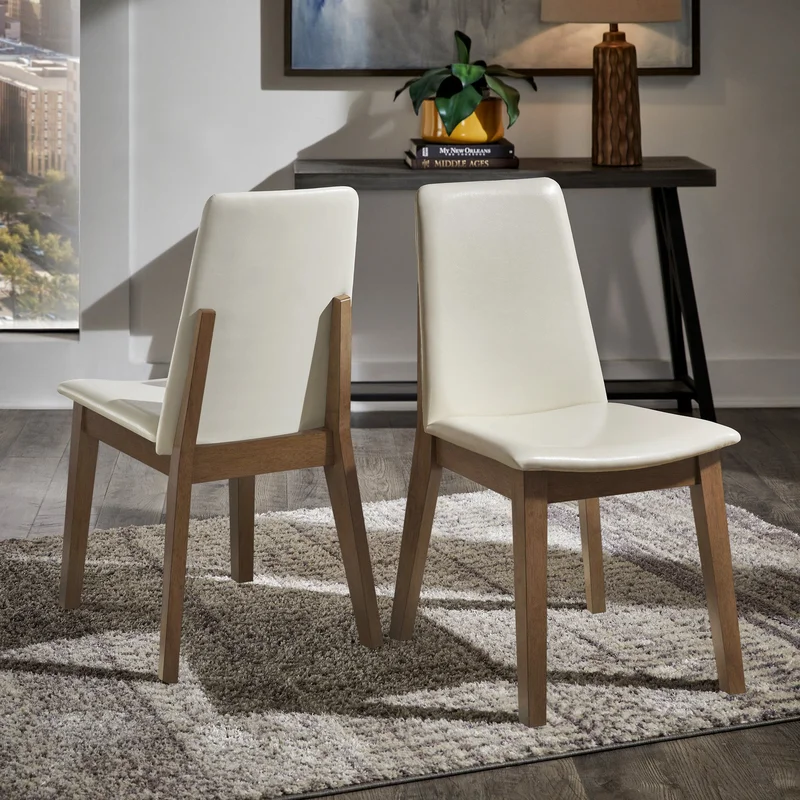 Wood Finish White Vegan Leather Dining Chair (Set of 2) - Walnut