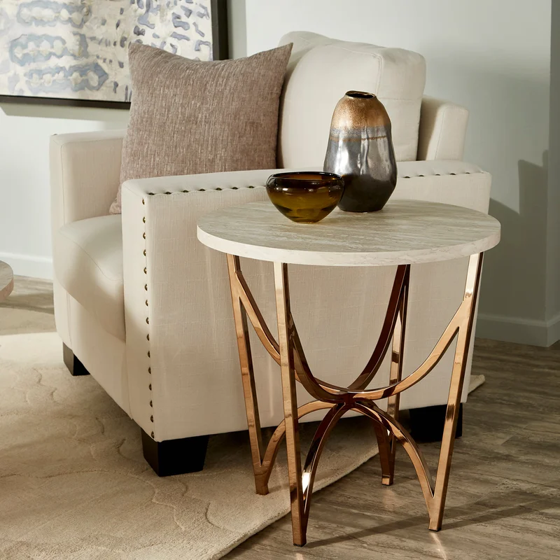 Champagne Gold Finish End Table with White Faux Marble Top