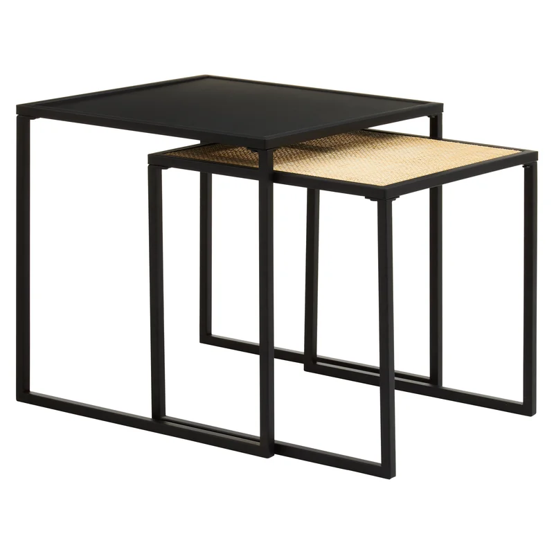 Set of 2 Barney Black & Natural Rattan Nesting Square Side Tables