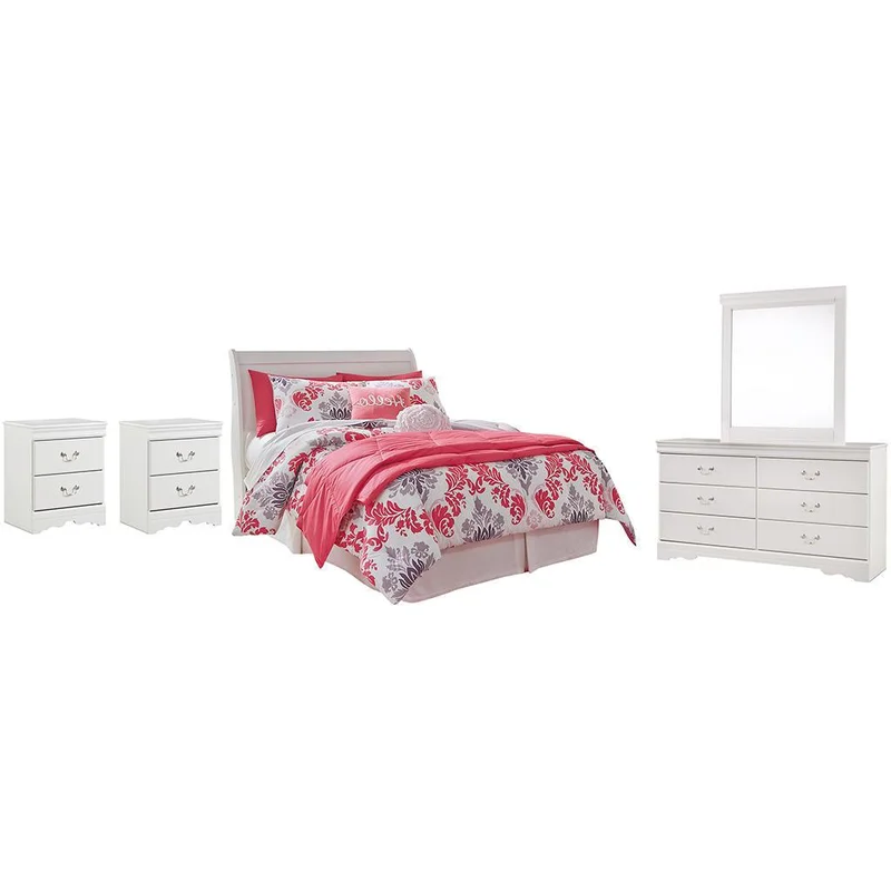 Anarasia Full Sleigh Headboard Bed with Mirrored Dresser and 2 Nightstands