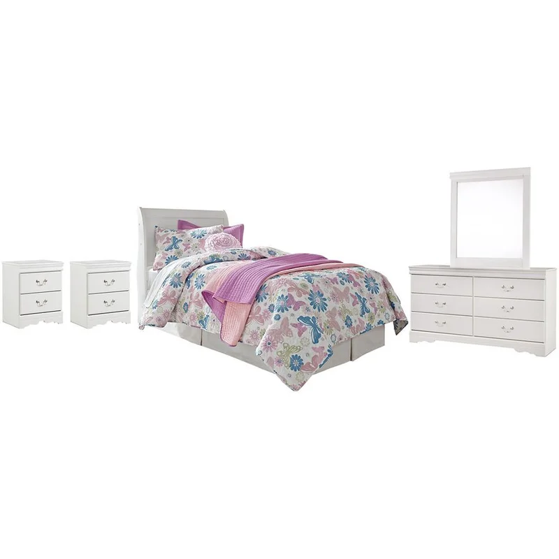 Anarasia Twin Sleigh Headboard Bed with Mirrored Dresser and 2 Nightstands