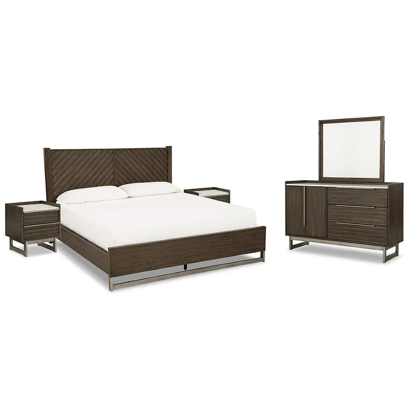 Arkenton California King Panel Bed with Mirrored Dresser and 2 Nightstands