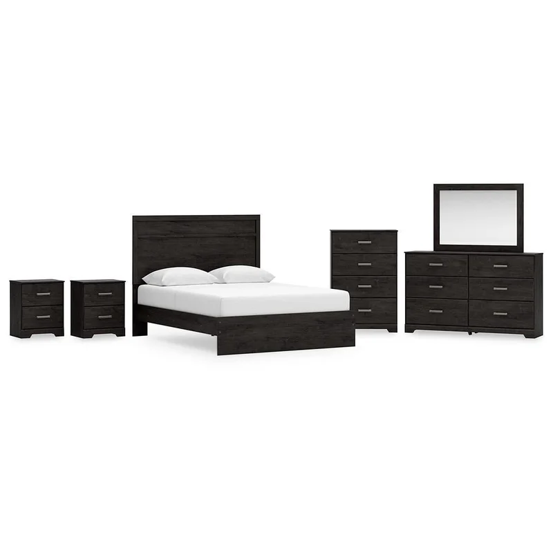 Belachime Queen Panel Bed with Mirrored Dresser Chest and 2 Nightstands