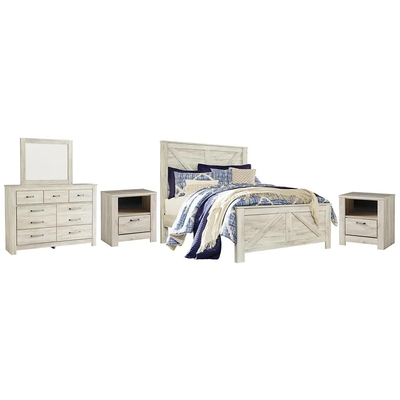 Bellaby Queen Crossbuck Panel Bed with Mirrored Dresser and 2 Nightstands