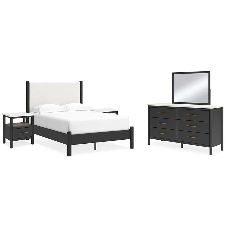 Cadmori Full Upholstered Panel Bed with Mirrored Dresser and 2 Nightstands