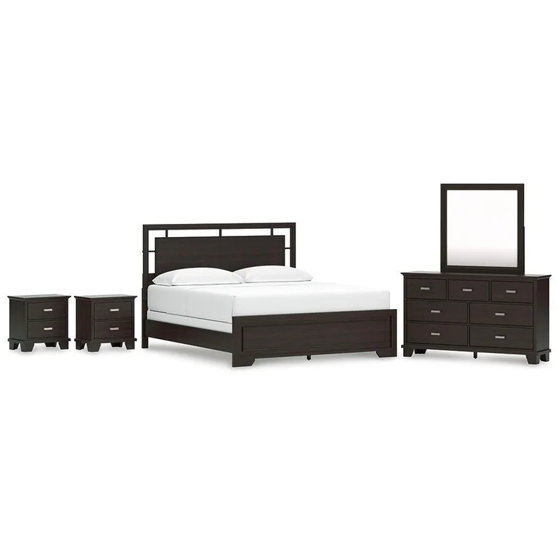 Covetown California King Panel Bed with Mirrored Dresser and 2 Nightstands