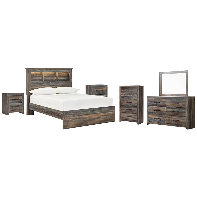 Drystan Full Bookcase Bed with Mirrored Dresser Chest and 2 Nightstands