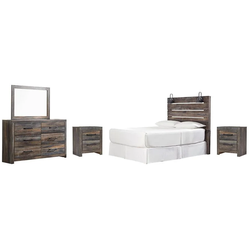 Drystan Queen Panel Headboard Bed with Mirrored Dresser and 2 Nightstands