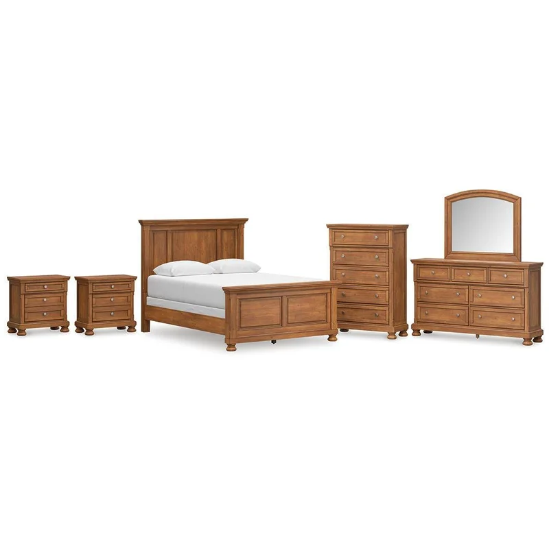 Feddinger Queen Panel Bed with Mirrored Dresser Chest and 2 Nightstands