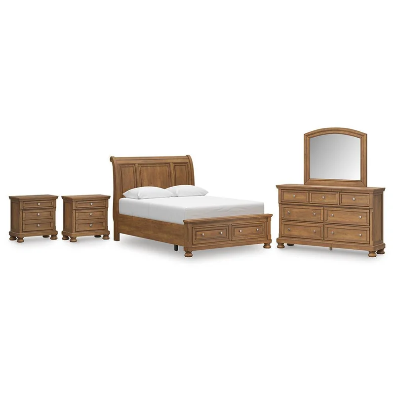 Feddinger Queen Storage Sleigh Bed with Mirrored Dresser and 2 Nightstands