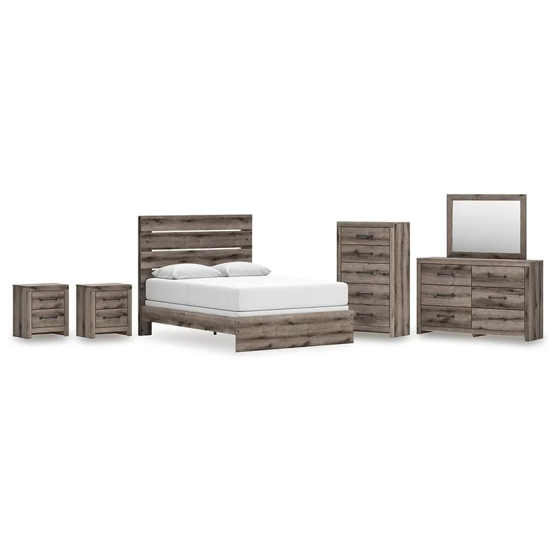 Graystorm Queen Panel Bed with Mirrored Dresser Chest and 2 Nightstands