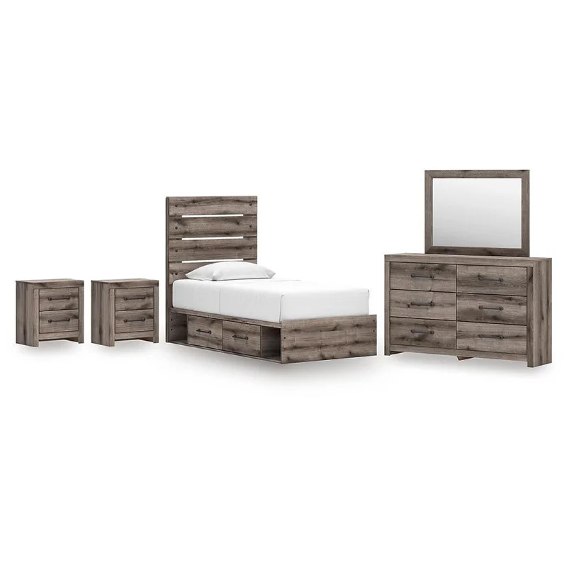 Graystorm Twin Panel Storage Bed with Mirrored Dresser and 2 Nightstands