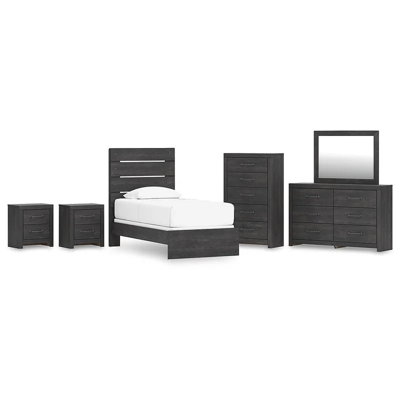 Hollivern Twin Panel Bed with Mirrored Dresser Chest and 2 Nightstands