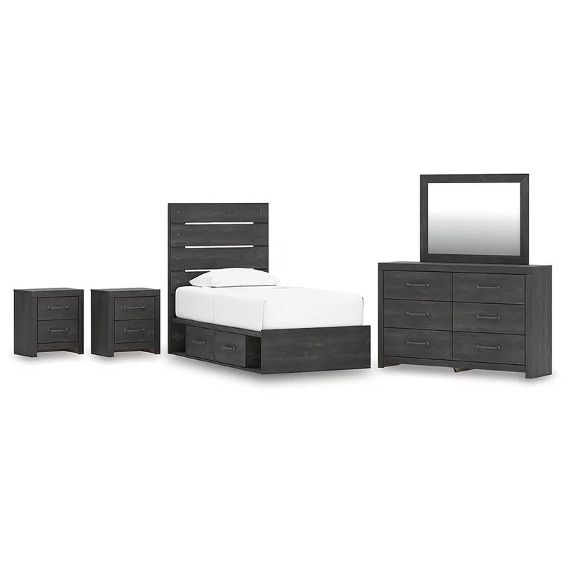 Hollivern Twin Panel Storage Bed with Mirrored Dresser and 2 Nightstands