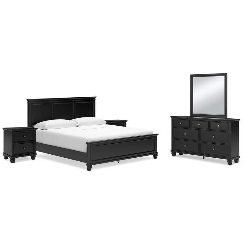 Lanolee California King Panel Bed with Mirrored Dresser and 2 Nightstands