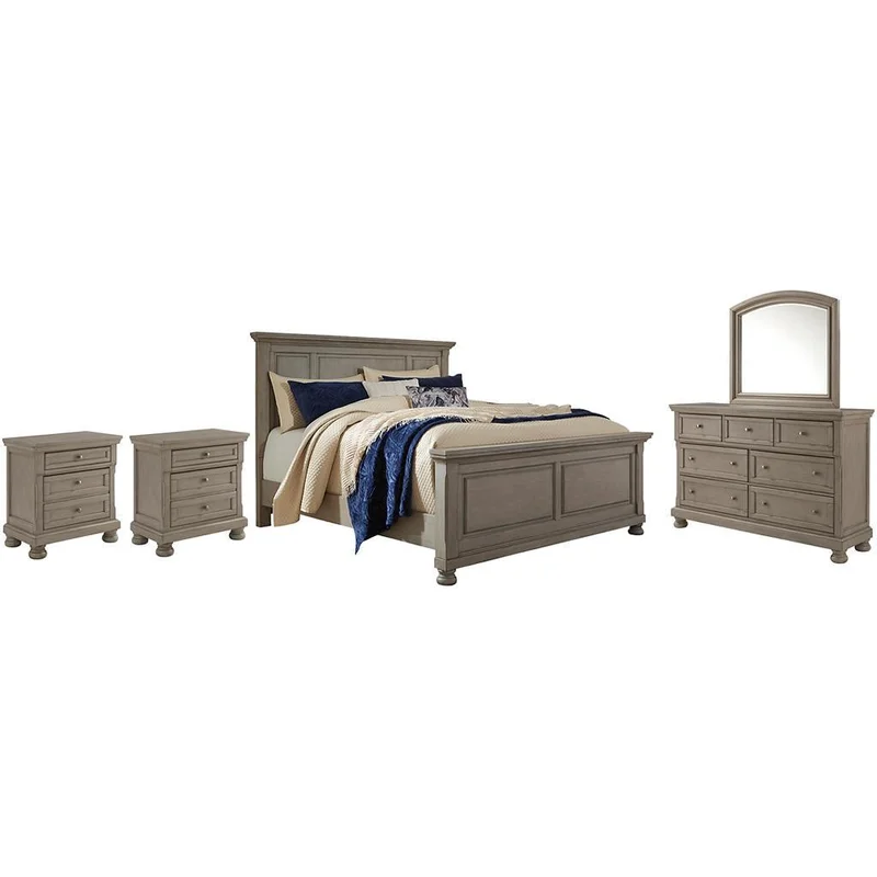 Lettner California King Panel Bed with Mirrored Dresser and 2 Nightstands