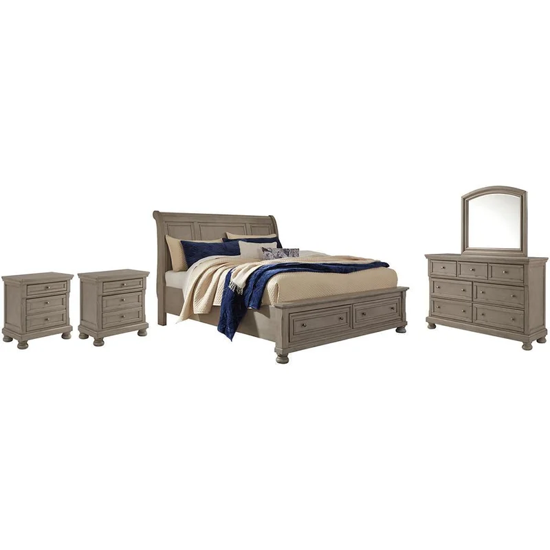 Lettner California King Sleigh Bed with Mirrored Dresser and 2 Nightstands