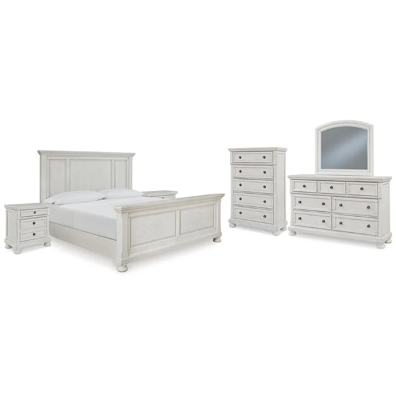 Robbinsdale King Panel Bed with Mirrored Dresser Chest and 2 Nightstands