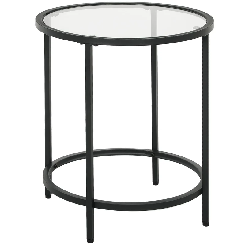 Round Side Coffee Table Glass Top Nightstand Metal Frame Black