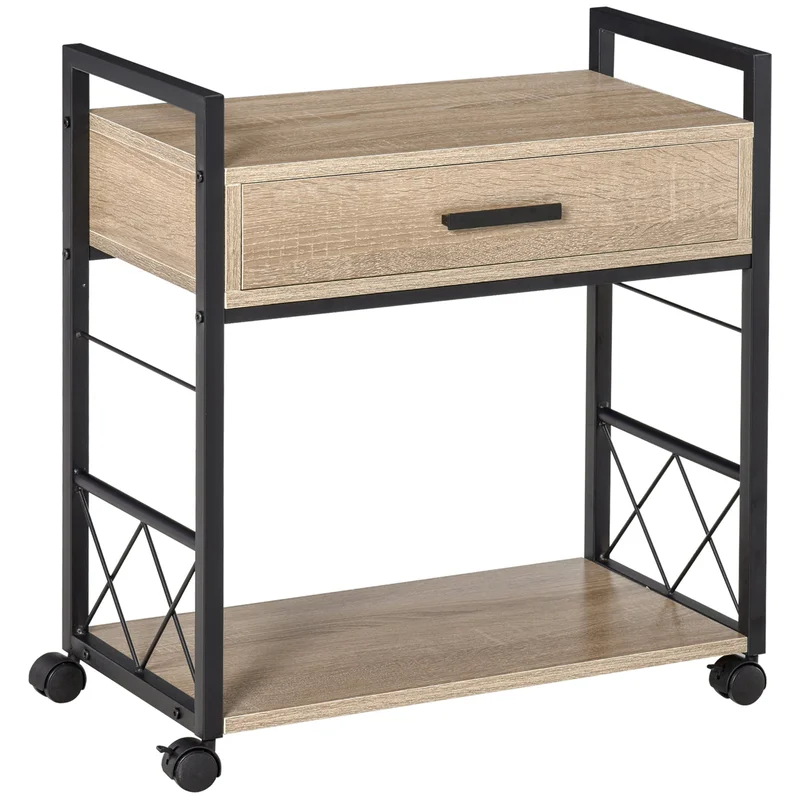 Side Table Serving Cart with Wheels Drawer Storage Natural Wood