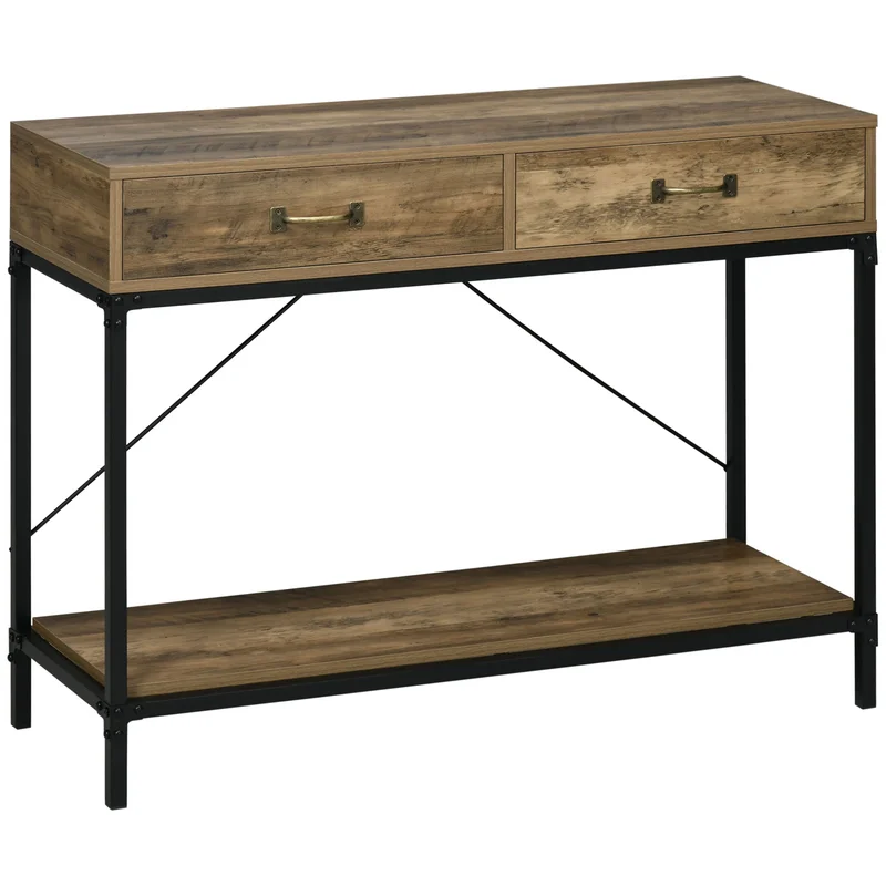 Side Table with 2 Drawers and Lower Shelf Vintage Brown Black