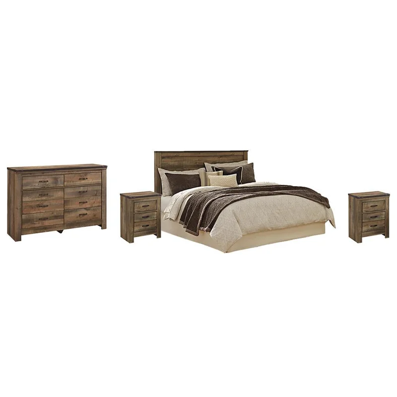 Trinell Queen Panel Headboard Bed with Mirrored Dresser and 2 Nightstands