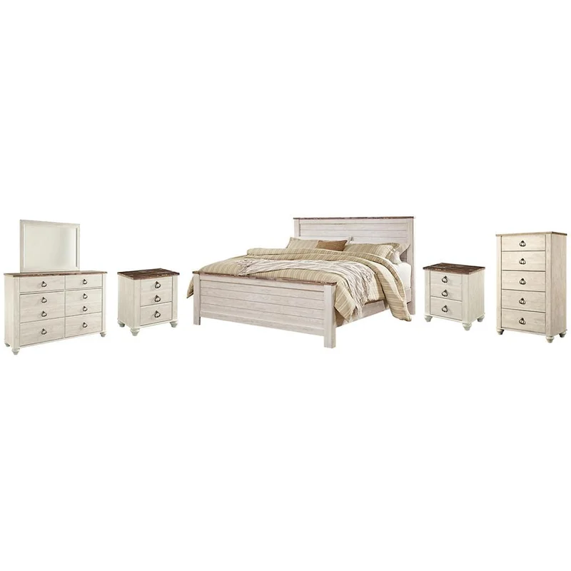 Willowton King Panel Bed with Mirrored Dresser Chest and 2 Nightstands