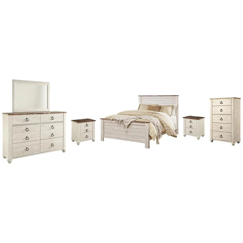 Willowton Queen Panel Bed with Mirrored Dresser Chest and 2 Nightstands