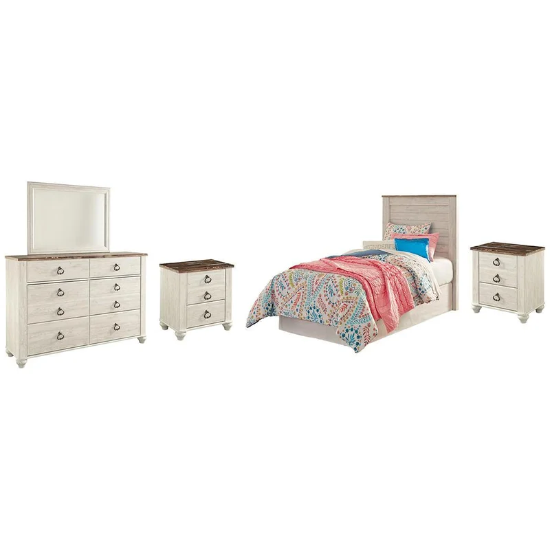 Willowton Twin Panel Headboard Bed with Mirrored Dresser and 2 Nightstands
