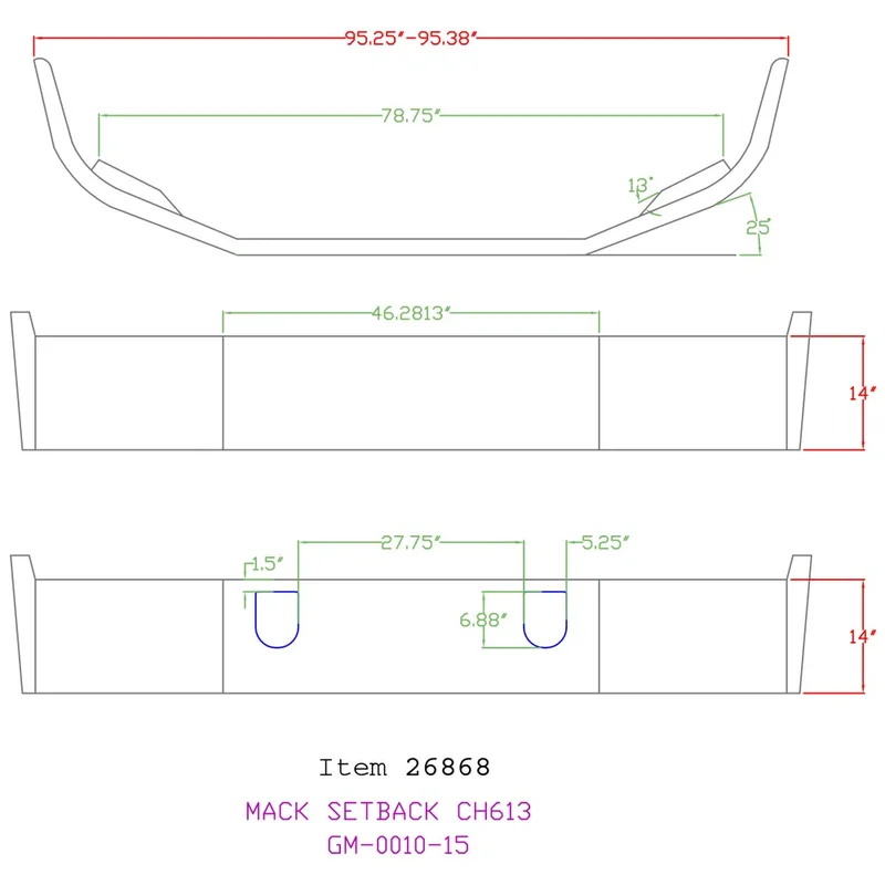 14" Set Back Chrome Bumper for Mack CH 1994 and older
