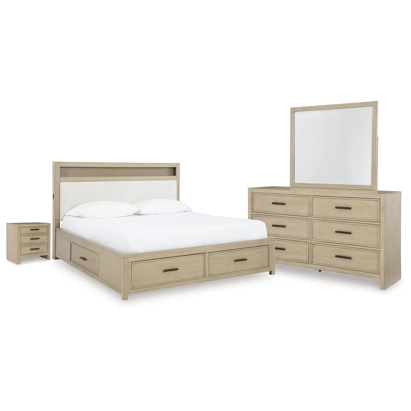 Calmoro King Bookcase Bed with Mirrored Dresser and Nightstand