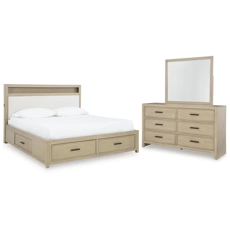 Calmoro Queen Bookcase Bed with Mirrored Dresser