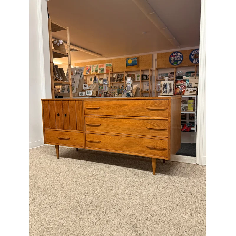 1960s Mid-Century Modern Possibly Teak Credenza / Dresser with Sculpted Pulls & Glass-Front Tray Drawers