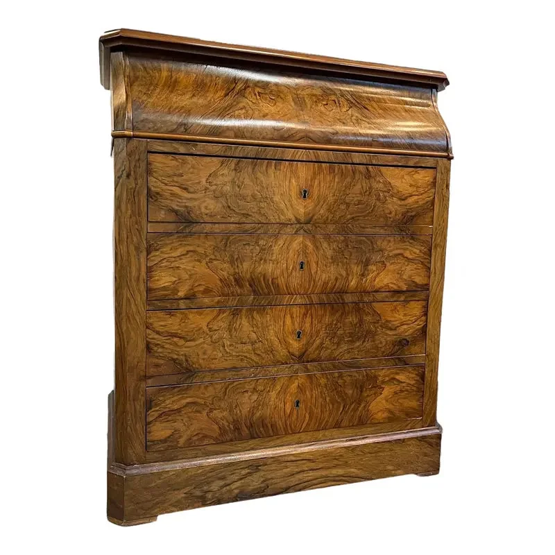 Antique 19th Century Burlwood Dresser With Four Drawers and Bar Top and Patina Glass With Key (Available by Online Purchase Only)