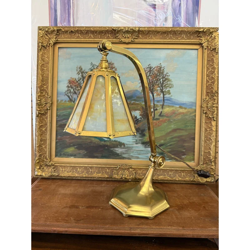 Antique Arts and Crafts Brass and Slag Stained Glass Lamp c.1910 by Salo Metal Arts Company
