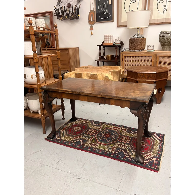 Antique Chippendale Style Solid Wood Coffee Table with Book Matched Walnut Burl Top and Carved Wood Legs. UK Import.