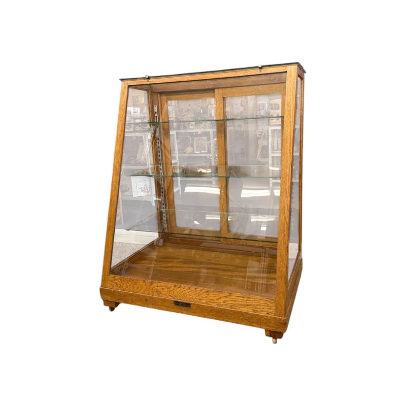 Antique Retail Oak Display Cabinet from Wells Butchers Supply Co. Seattle Slanted Glass Showcase
