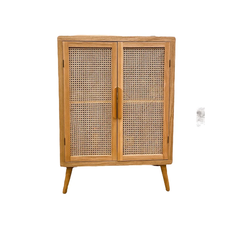 Mid Century Modern Style Tall Wood Cabinet with 2 Woven Cane Doors