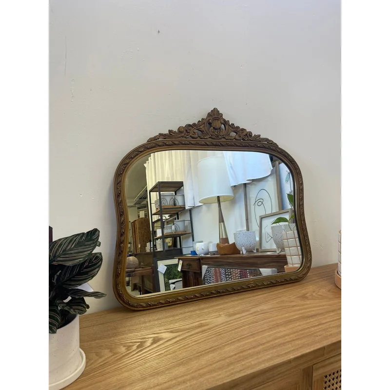 Vintage Arched Ornate Carved Gilt Wood Framed Mirror. Circa 1940s With Floral Motif.