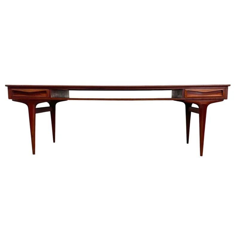 Vintage Mid Century Modern Danish Style Coffee Table with Sculpted Drawer Pulls and Open Shelf Storage