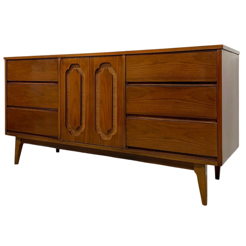 Vintage Mid Century Modern Walnut Toned Credenza with Cane Door Front and Dovetailed Drawers