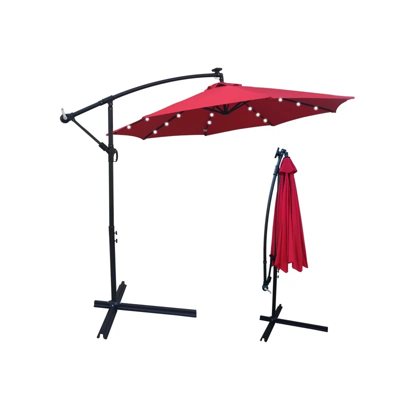 10 ft Outdoor Patio Umbrella Solar Powered LED Lighted 8 Ribs Umbrella with Crank and Cross Base for Garden Outside Deck Swimming Pool