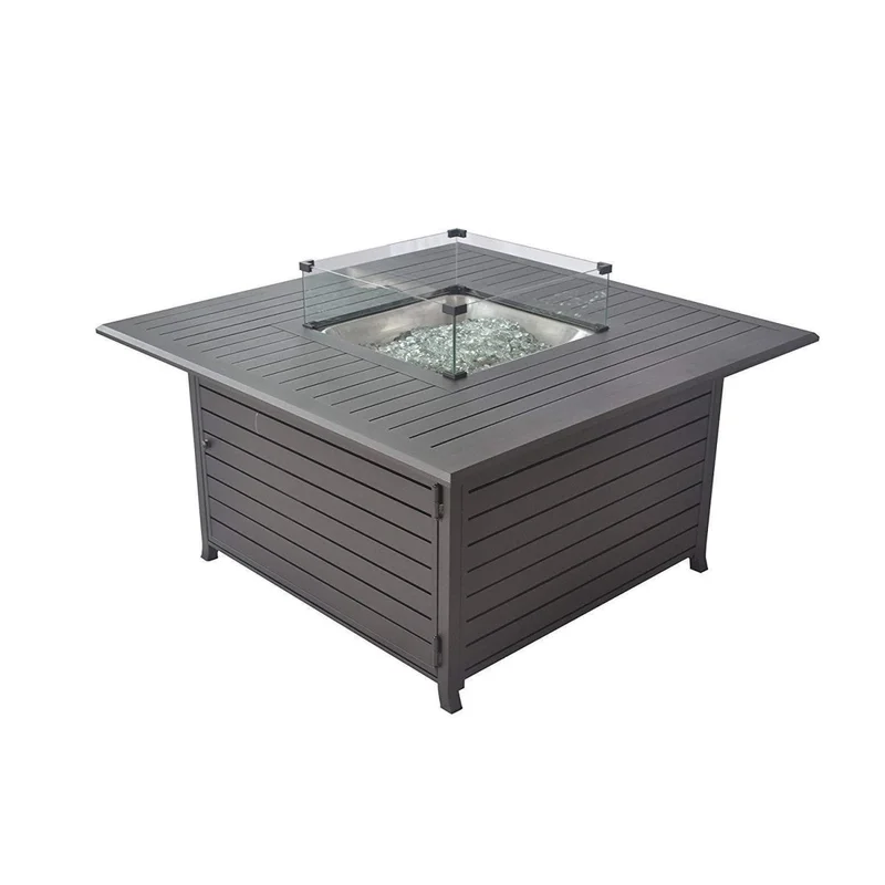 45 Inch 50000 Btu Square Propane Gas Fire Pit Table Perfect for Outside Patio/Backyard w/ Glass Wind Guard Aluminum Tabletop Glass Rocks Cover and Table Lid - Mocha Brown-MUST LTL TRANSPORTATION