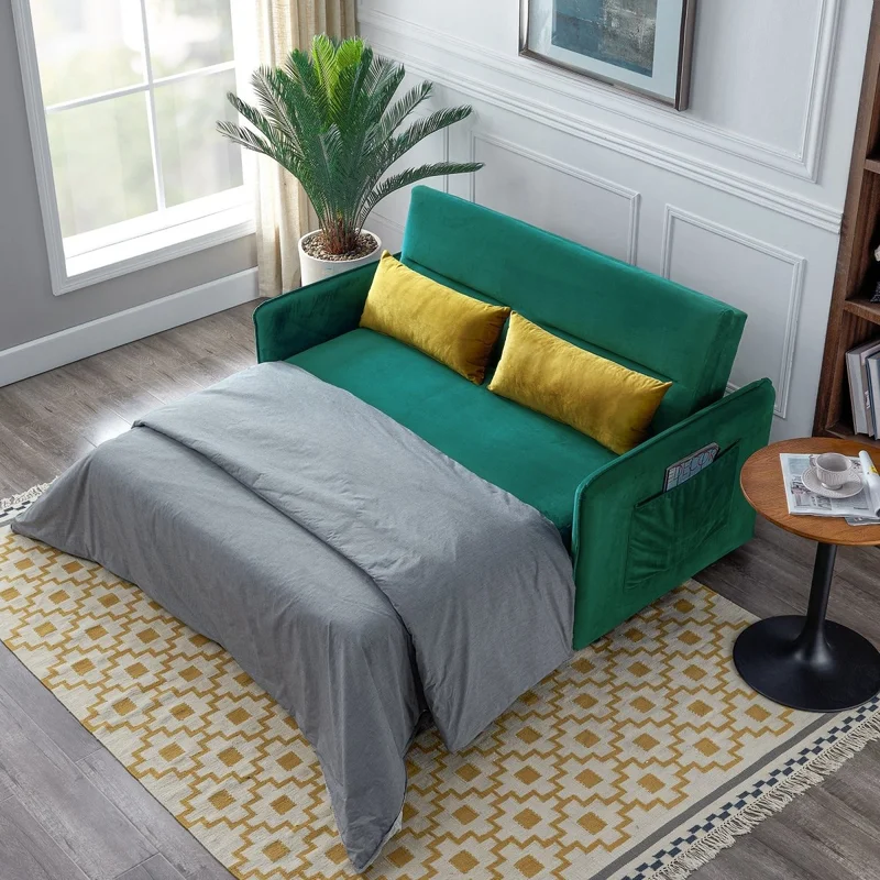 57"Modern Velvet Sofa with Pull-Out Sleeper Bed with 2 Pillows Adjustable Backrest for living room or office 2 Big side pocketGreen