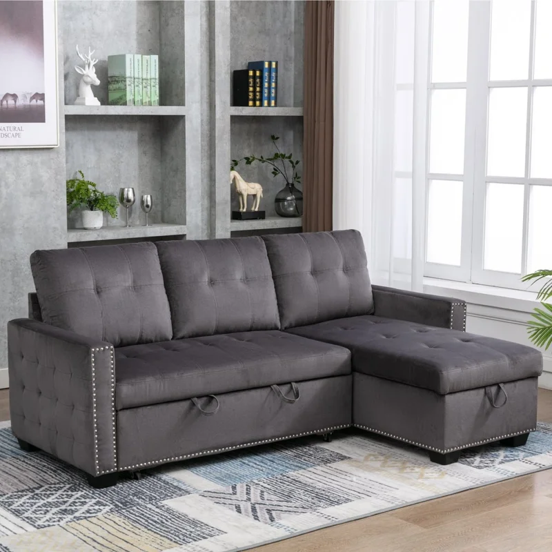77 Inch Reversible Sectional Storage Sleeper Sofa Bed L-Shape 2 Seat Sectional Chaise With Storage Skin-Feeling Velvet Fabric Dark Grey Color For Living Room Furniture