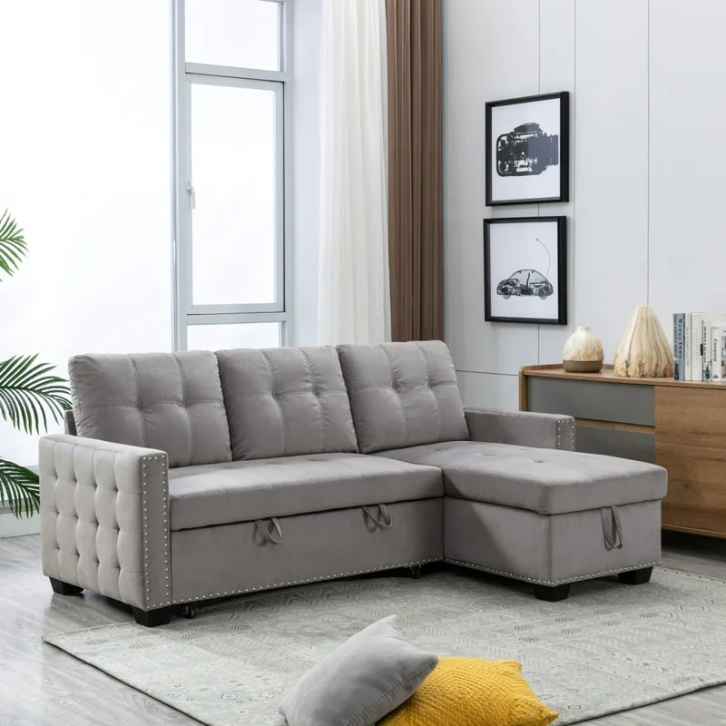77 Inch Reversible Sectional Storage Sleeper Sofa Bed L-Shape 2 Seat Sectional Chaise With Storage Skin-Feeling Velvet Fabric Light Grey Color For Living Room Furniture