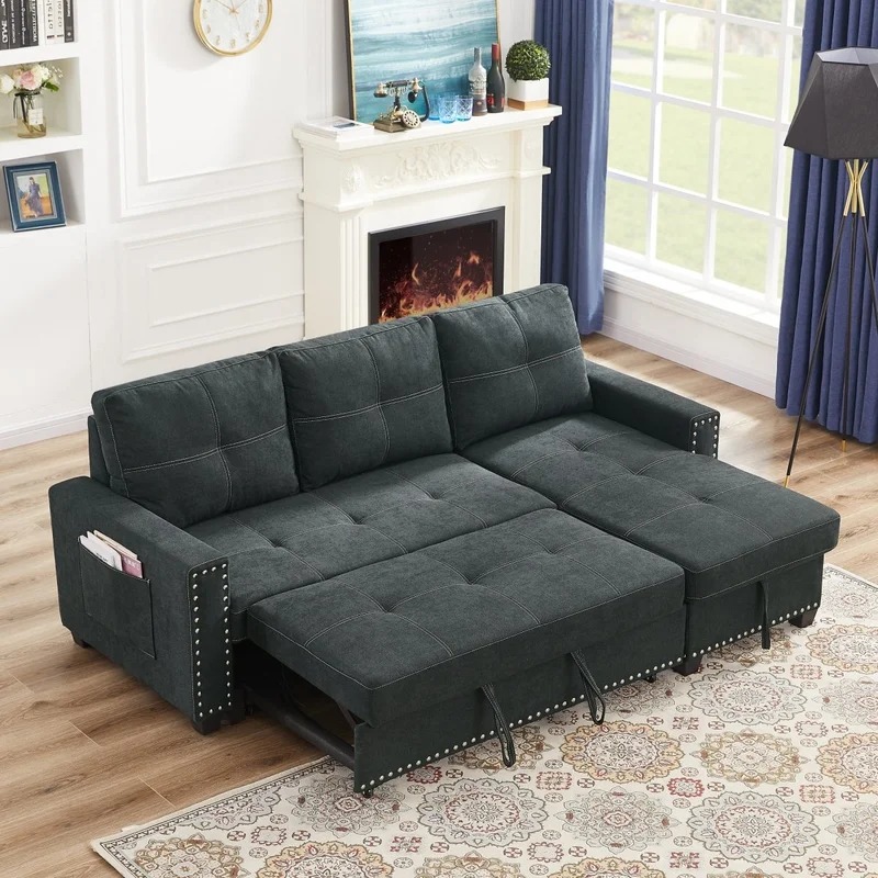 85 inch Sectional Sofa with Pull Out Bed Solid Wood & Fabric Upholstered 2 Seats Sofa and Reversible Chaise Lounge with Storage Modern Design L-Shaped Sleeper Sofa for Living Room Black