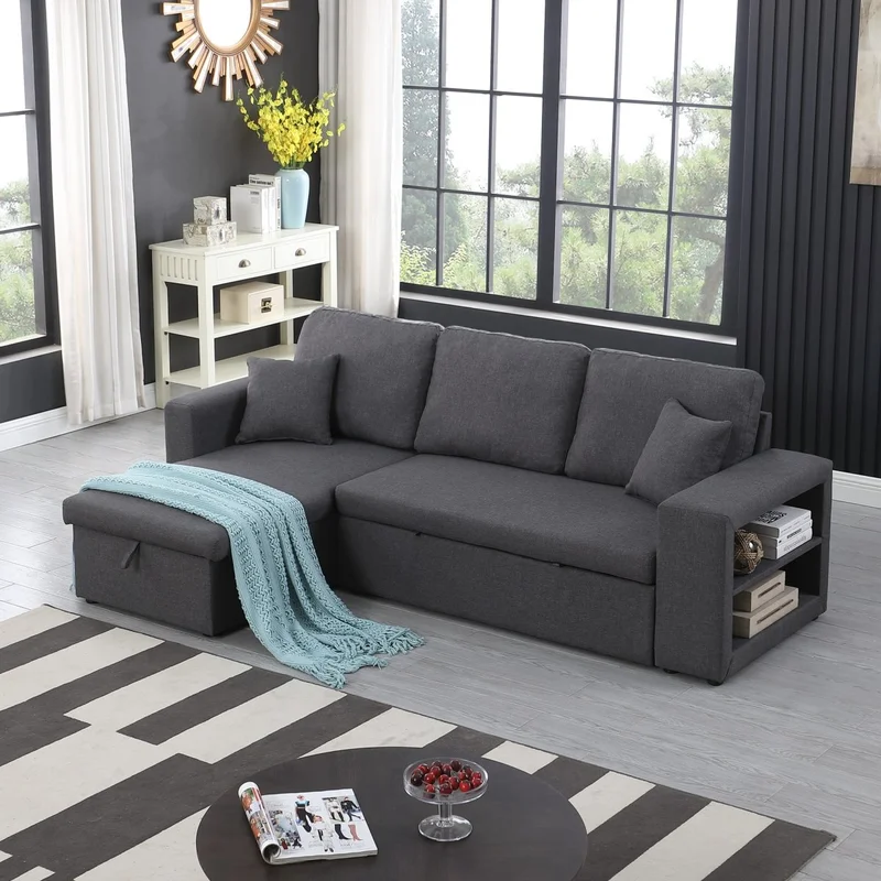 91" Wide 100% Linen Reversible Sleeper Sofa and Storage Chaise with Small Bookcase