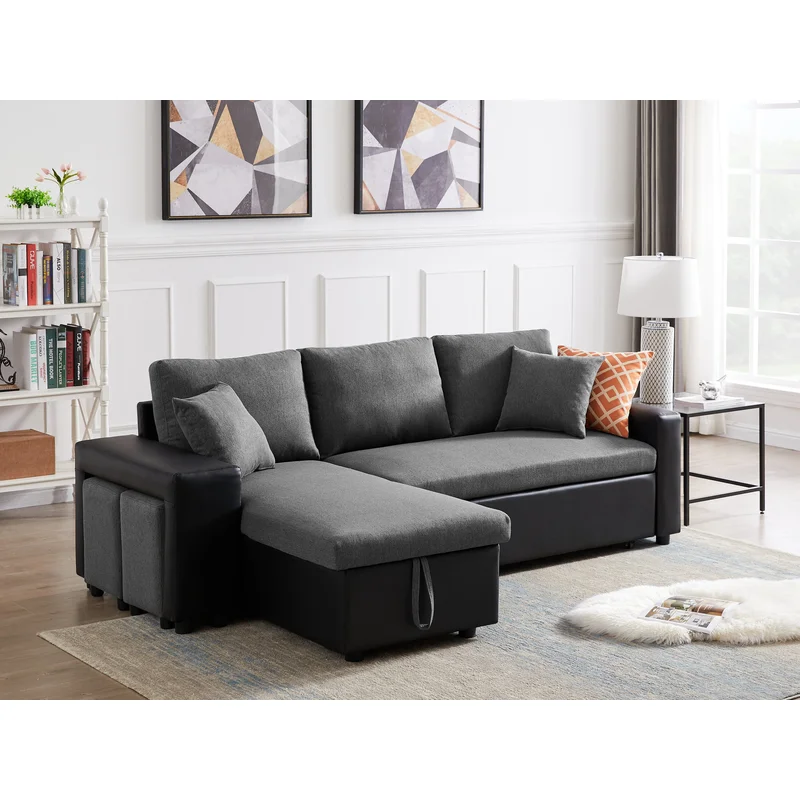 Artemax 92.5Linen Reversible Sleeper Sectional Sofa with storage and 2 stools Steel Gray